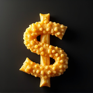 A golden dollar sign made of french fries on a dark background, with soft dramatic lighting casting shadows that emphasize the luxury and cost of fast food.