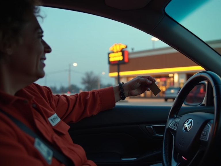 A person in a car at a fast-food drive-thru window at dusk, reaching out to hand a credit card to a uniformed employee, with warm interior car lighting contrasting against the commercial restaurant li