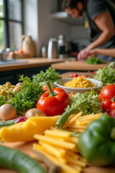 A well-lit modern kitchen counter with fresh groceries spread out including vegetables, pasta, and ingredients for home cooking, with a person's hands chopping vegetables in the background, shot from