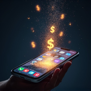 A smartphone screen displaying multiple colorful app icons with glowing dollar signs floating away from the device, dissolving into thin air against a dark background, symbolizing money trapped and di