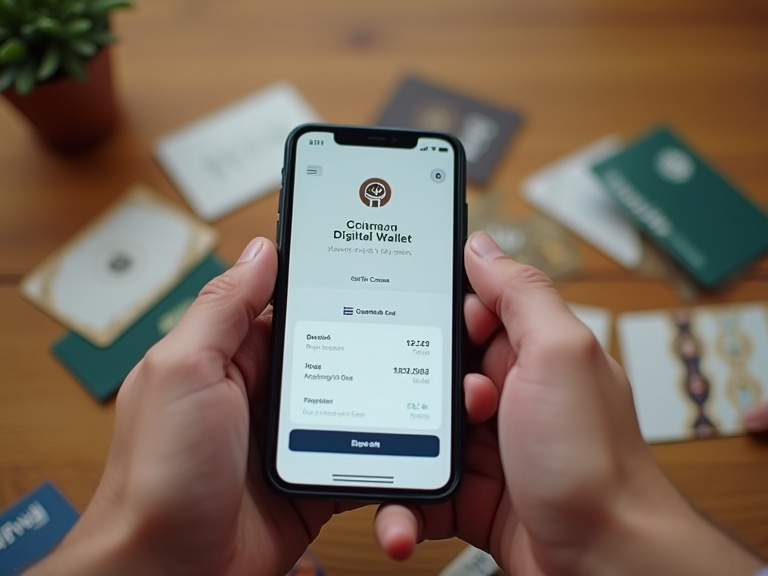 A close-up overhead shot of hands holding a smartphone showing a coffee shop app interface with a digital wallet balance, surrounded by physical gift cards scattered on a wooden table, shot in natural