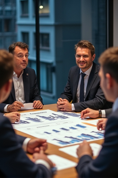 A corporate boardroom scene with executives in business suits reviewing financial charts and profit reports on a large conference table, warm professional lighting highlighting satisfied expressions a