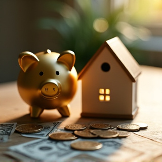 A golden piggy bank sitting next to a miniature house model on a wooden table, with scattered coins and dollar bills around them, soft warm lighting creating dramatic shadows.