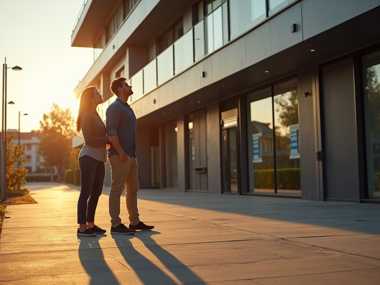 A young professional couple standing in front of a modern apartment building, looking up at rental signs in windows, golden hour lighting casting long shadows on the sidewalk, shot from a low angle to