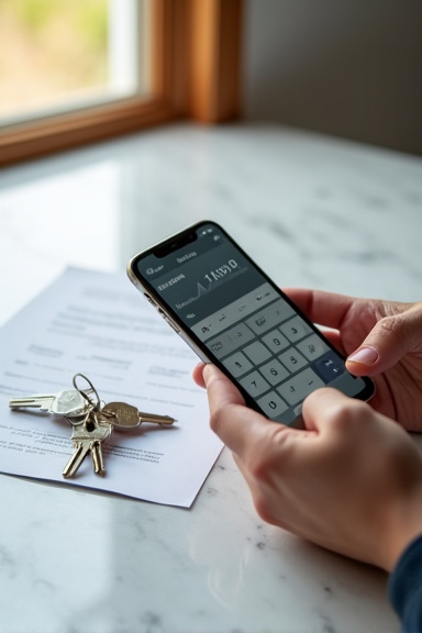 A close-up portrait shot of hands holding a smartphone displaying a financial calculator app, with house keys and mortgage documents visible on a marble countertop, natural window light illuminating t
