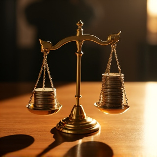 A golden balance scale with stacks of coins of dramatically different heights on each side, sitting on a polished wooden desk with warm dramatic lighting casting long shadows.