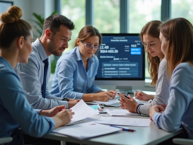 A diverse group of middle-aged office workers sitting at their desks reviewing financial documents and computer screens showing retirement account balances, shot in natural office lighting with shallo