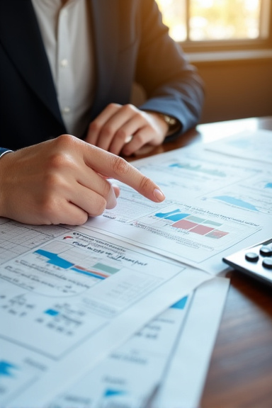 Close-up portrait of hands of a financial advisor pointing to contribution limit charts and tax forms spread across a mahogany desk, with a calculator and pen nearby, captured in warm natural lighting