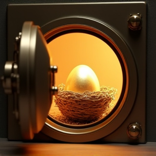 A golden nest egg sitting inside an open vault door with warm, glowing light emanating from within, symbolizing secure retirement savings and financial protection.
