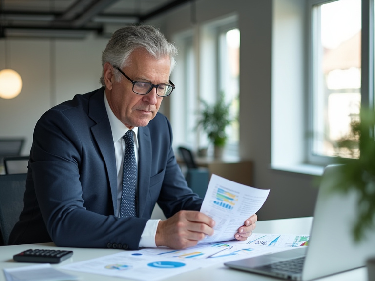A professional businessperson in their 40s sitting at a clean desk reviewing financial documents and charts, with a calculator and laptop visible, shot in natural office lighting with a modern corpora