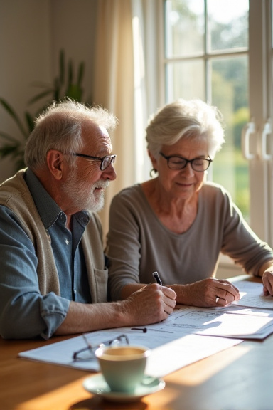 An elderly couple in their 60s sitting together at a kitchen table examining retirement statements and paperwork, with reading glasses and coffee cups nearby, captured in warm morning light streaming