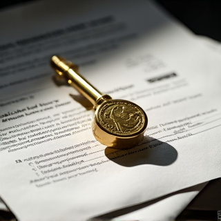 A golden key sitting atop a stack of official government documents and forms, photographed from above with dramatic side lighting casting strong shadows, symbolizing unlocking hidden financial benefit