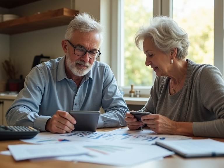 A middle-aged couple in their sixties sitting at a kitchen table reviewing financial documents and calculators, with natural window light illuminating scattered papers showing retirement planning char