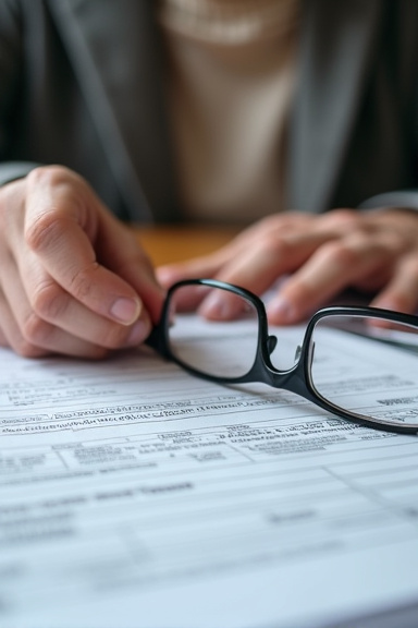 Close-up portrait of a concerned elderly person's hands holding a tax form with reading glasses nearby, shot in soft natural lighting with shallow depth of field emphasizing the complexity of paperwor