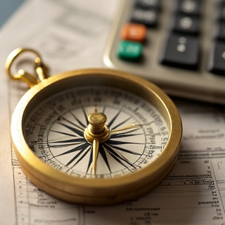 A golden compass sitting on aged financial documents with calculator buttons visible in soft focus, warm lighting creating shadows that suggest the complexity of navigating retirement planning decisio