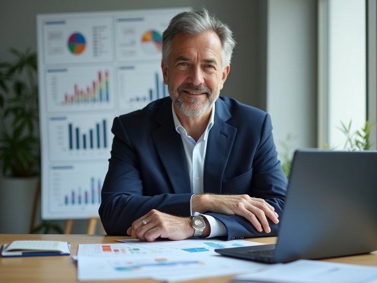 A middle-aged professional in business attire sitting at a modern desk reviewing financial charts and retirement account statements, with a laptop displaying investment portfolio graphs, shot in natur
