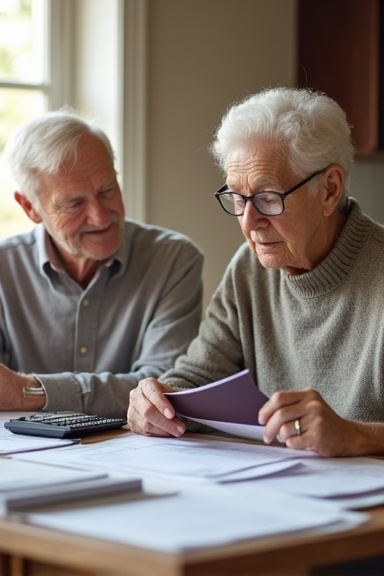 An elderly couple in their 70s sitting together at a kitchen table with organized stacks of financial documents, tax forms, and a calculator, morning light streaming through a window illuminating thei