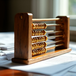 A weathered wooden abacus with golden beads positioned on a mahogany desk next to scattered financial documents, illuminated by warm natural light streaming through a window, symbolizing the complex c