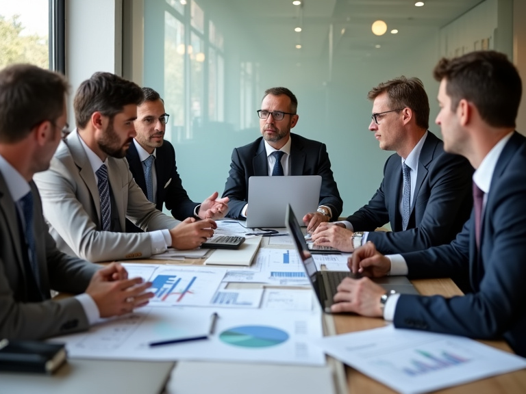 A diverse group of middle-aged professionals in business attire sitting around a modern conference table reviewing financial documents and charts, with laptops open and calculators visible, shot in na
