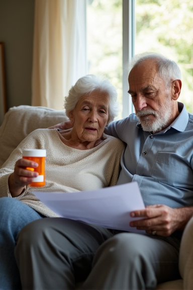 An elderly couple in their seventies sitting together on a comfortable couch in a well-appointed living room, the woman holding medical bills and prescription bottles while the man reviews insurance d