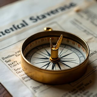 A golden compass sitting on weathered financial documents with soft directional lighting, symbolizing navigation through complex retirement planning decisions.
