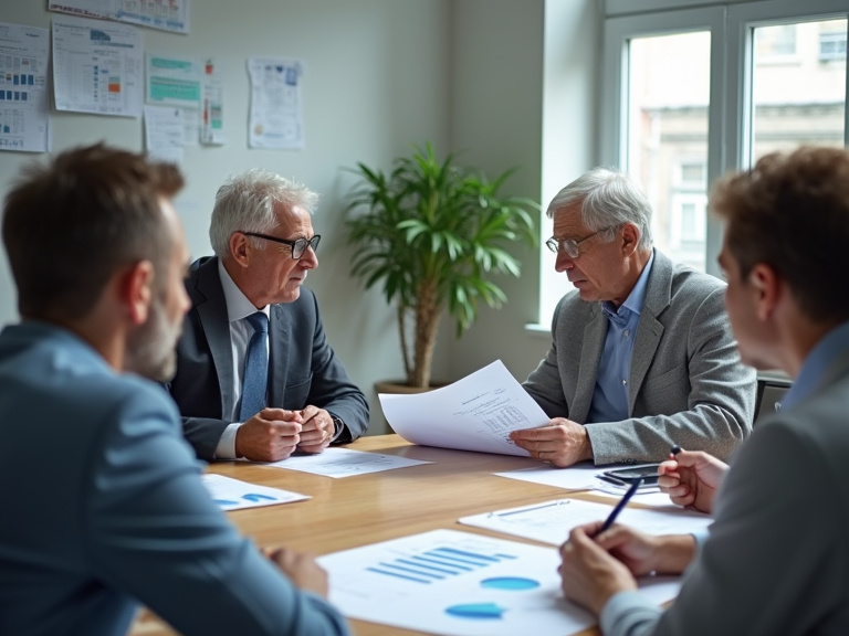 A diverse group of professionals in their early sixties sitting around a conference table reviewing financial documents and charts, shot in natural office lighting with a documentary photography style