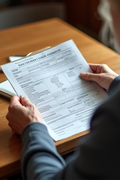 An elderly person's hands carefully reviewing Social Security benefit statements and earnings records at a wooden desk, photographed from above with warm ambient lighting emphasizing the detailed pape