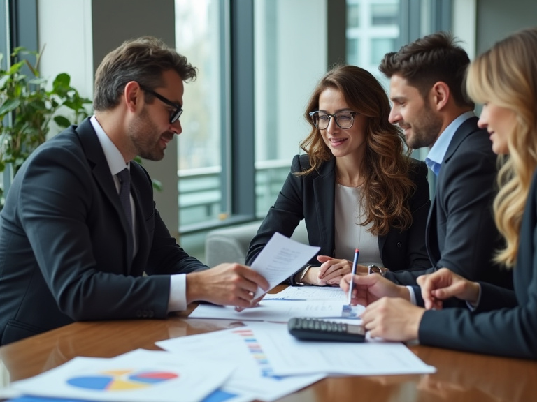 A professional financial advisor in a modern office explaining complex tax documents to a well-dressed high-earning couple, with charts and calculators visible on a polished conference table.