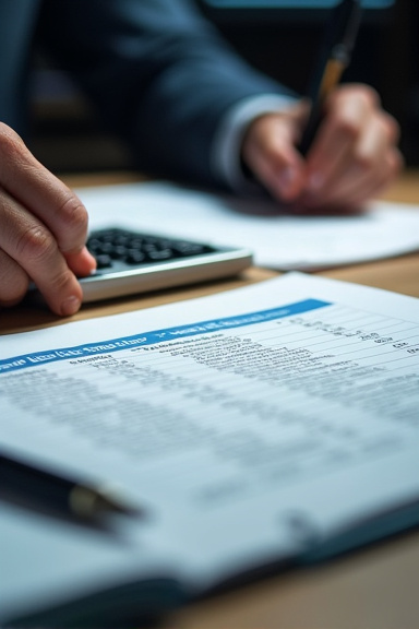 Close-up of hands carefully reviewing IRS tax forms and contribution limit tables spread across a desk, with a calculator and pen nearby in dramatic office lighting.