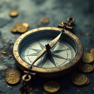 A dramatic close-up of a compass with its needle spinning wildly between multiple directions, surrounded by swirling storm clouds and golden coins scattered in the dark background, creating an atmosph