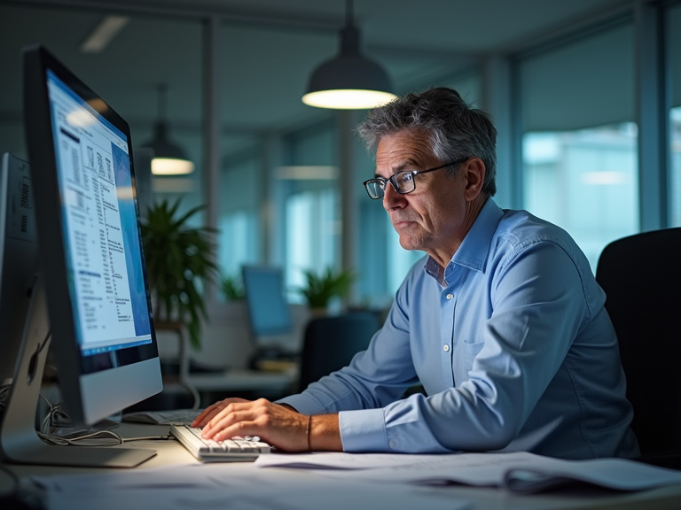 A middle-aged office worker sitting at a desk staring at a computer screen displaying retirement account options, surrounded by scattered benefits paperwork and forms, with soft fluorescent lighting c