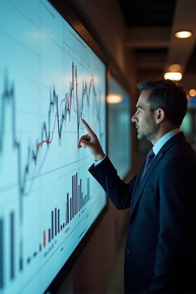 A professional financial advisor in a modern office pointing to a large wall chart showing intersecting downward trending lines and graphs, with dramatic side lighting highlighting the serious express