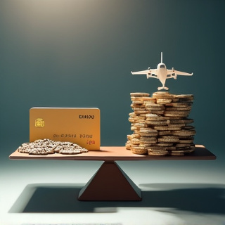 A debit card and credit card sitting on a balance scale, with the debit card side weighed down by heavy coins while the credit card side floats upward with airplane and hotel icons, dramatic lighting 