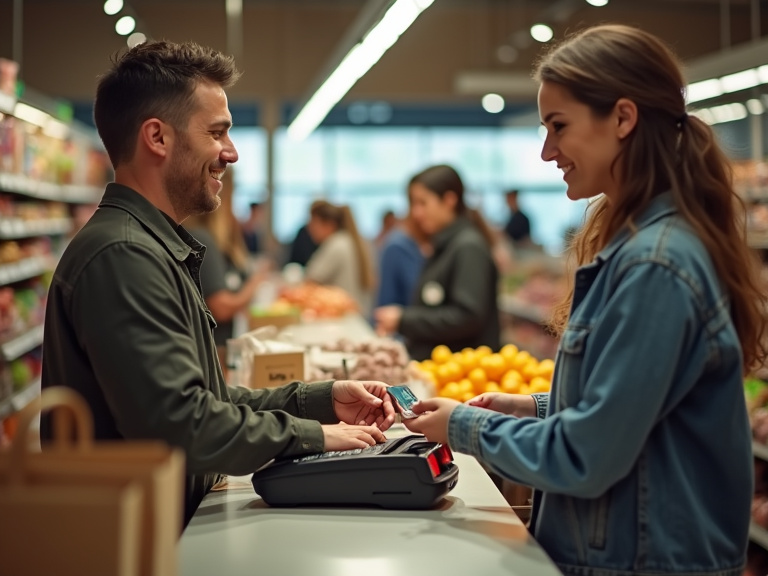 A person at a grocery store checkout counter swiping a debit card at the payment terminal, with other shoppers visible in line behind them, warm fluorescent lighting illuminating the scene from above.