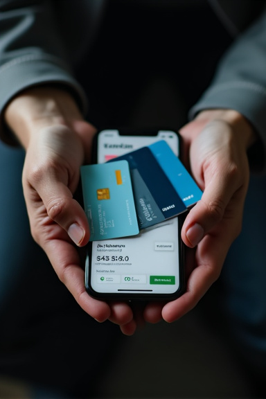 Close-up overhead view of hands holding multiple credit cards fanned out above a smartphone displaying a banking app with debt balances, dark moody lighting with selective focus on the cards.