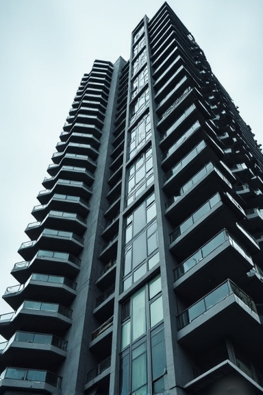 A close-up portrait view of a tall modern condominium building shot from ground level looking up, with multiple balconies and windows creating geometric patterns, photographed during overcast conditio
