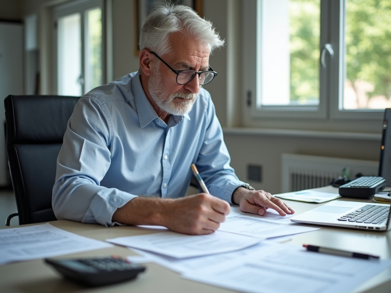 A professional businessperson in their 50s sitting at a modern office desk reviewing financial documents and tax forms, with a calculator and laptop visible, shot in natural office lighting with shall