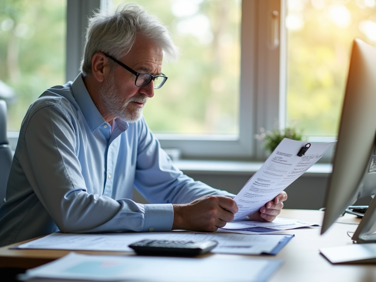 A professional middle-aged person in their early 60s sitting at a modern desk reviewing financial documents and calculator, with natural office lighting streaming through windows, depicting focused re