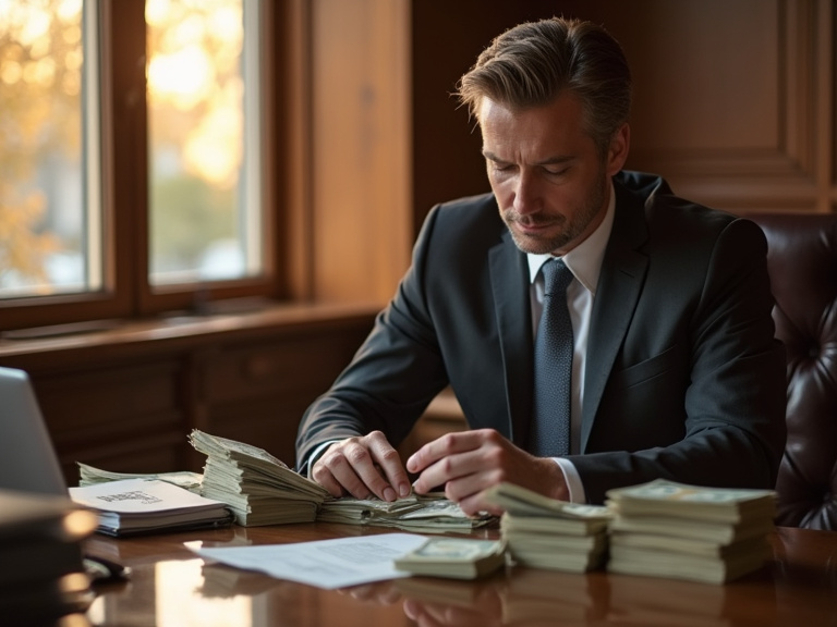 A professional businessman in a suit sitting at a polished mahogany desk counting stacks of cash, with golden hour lighting streaming through tall windows of a corporate banking office.