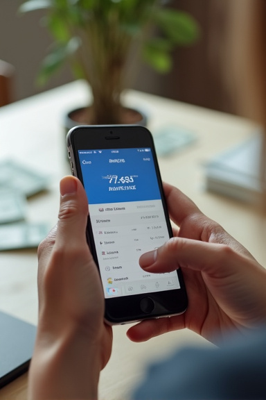 A concerned person's hands holding a smartphone displaying a mobile banking app with a low balance notification, shot from above with soft natural lighting on a kitchen table with bills scattered arou