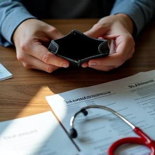 A conceptual close-up of hands holding an empty wallet while medical stethoscope and insurance documents lie scattered on a wooden desk, dramatic lighting casting long shadows to convey financial frus