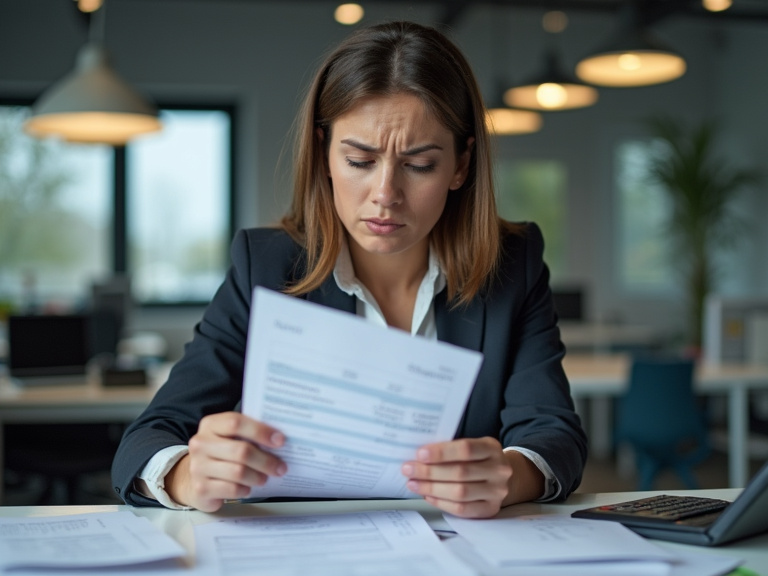 A professional businesswoman in a modern office examining her paycheck stub with a confused expression, fluorescent office lighting illuminating financial documents and a calculator spread across her
