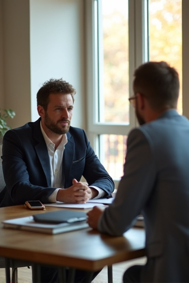 A confident professional man in business attire sitting across from an HR manager at a conference table during a salary negotiation meeting, warm natural lighting streaming through office windows.