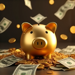 A golden piggy bank surrounded by floating dollar bills and coins, with soft warm lighting creating a sense of hidden wealth and savings being accumulated.