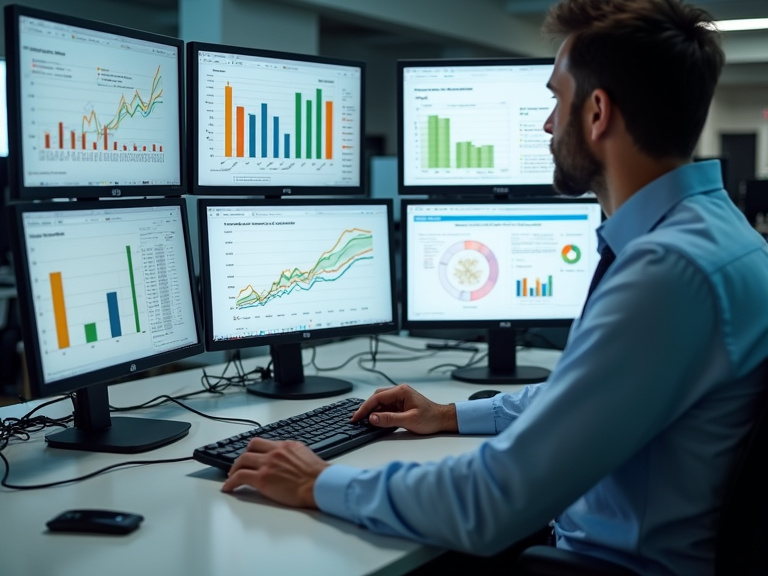 A clean, modern office workspace with multiple computer monitors displaying colorful financial charts and retirement account dashboards, with a professional person in business attire reviewing investm