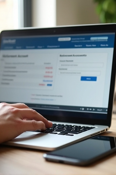 Close-up of hands typing on a laptop keyboard with a smartphone nearby, both screens showing retirement account login pages and fund selection menus in a home office setting with natural window lighti