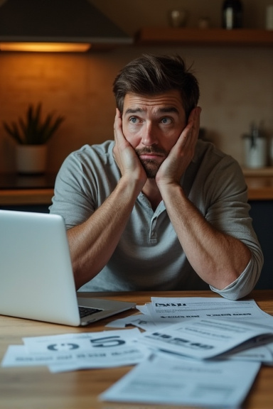 A stressed homeowner sitting at a kitchen table covered with insurance bills, mortgage documents, and a laptop showing credit score information, warm interior lighting contrasting with the person's wo