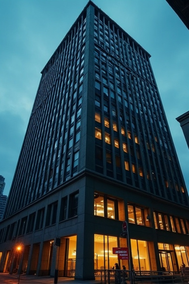 A towering empty office building with dark vacant windows and a 'For Lease' sign, shot from a low angle with dramatic urban lighting, emphasizing the commercial real estate crisis driving tax shifts.