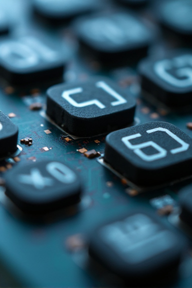 Intimate macro detail of a calculator's LCD display showing decimal numbers, focusing on the liquid crystal segments and tiny electronic grid patterns. Soft lighting creates gentle shadows across the