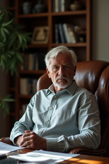 An older loan officer in his home study, seated in a leather chair looking off-camera with a troubled expression, late afternoon light filtering through blinds across his face, mortgage rate sheets an